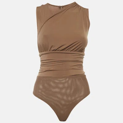 Pre-owned Herve Leger Tan Jersey Knit Ruched Zip Up Bodysuit Xxs In Brown