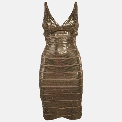 Herve Leger Tan Sequins Bandage Dress In Brown