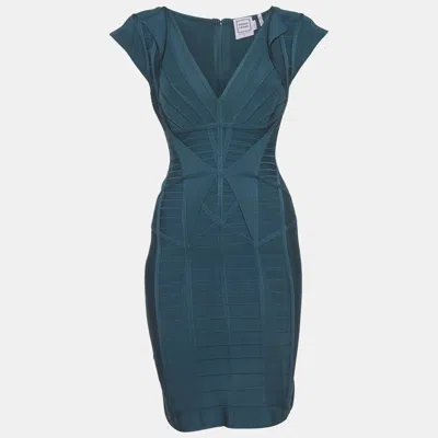 Pre-owned Herve Leger Teal Stretch Knit Bandage Mini Dress S In Blue