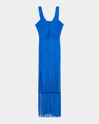 Herve Leger The Brigitte Bandage Tiered Fringe Gown In Blue