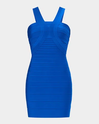 Herve Leger The Elise Ribbed Bodycon Halter Mini Dress In Bright Blue