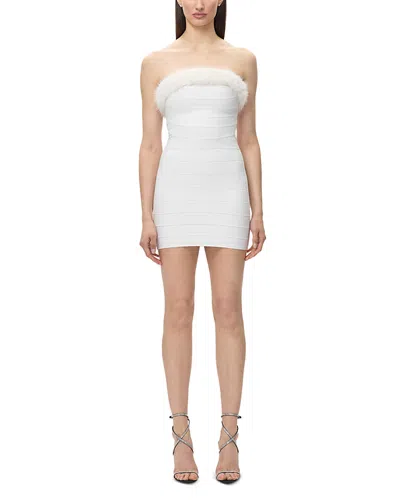 Herve Leger The Victoria Faux Fur Trim Dress In Alabaster