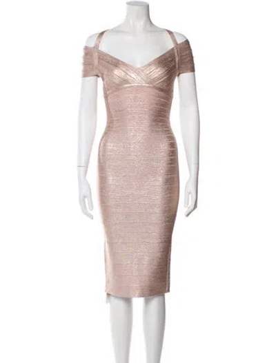 Pre-owned Herve Leger Tie Neck Knee-length Dress W/ Tags In Neutral