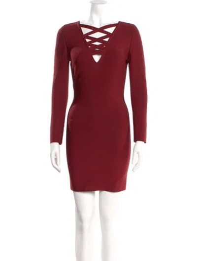 Pre-owned Herve Leger Tie Neck Mini Dress In Burgundy