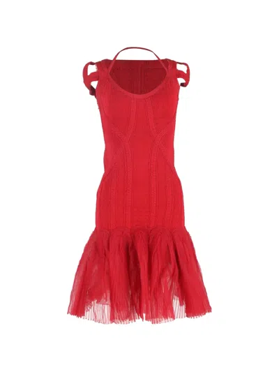 Pre-owned Herve Leger Tulle-skirt Midi Dress In Red