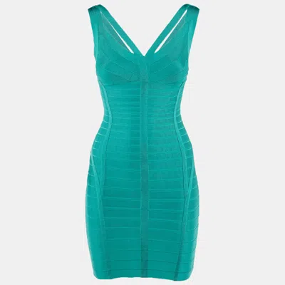 Pre-owned Herve Leger Turquoise Jersey Bandage Mini Dress Xs In Blue