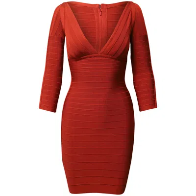 Herve Leger V-neck Bandage Dress In Red Rayon