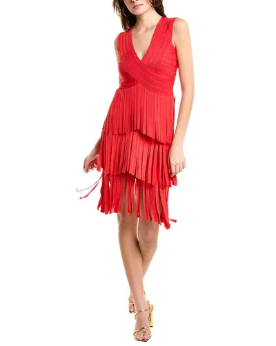 Herve Leger V Neck Fringed Midi Dress In Pink