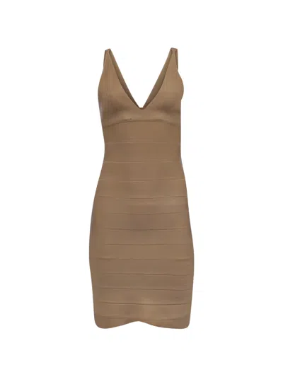 Pre-owned Herve Leger V-neck Mini Dress In Brown