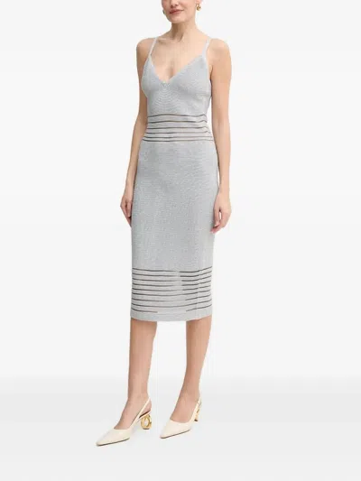 Herve Leger V-neck Ribbed Midi Dress In Blue