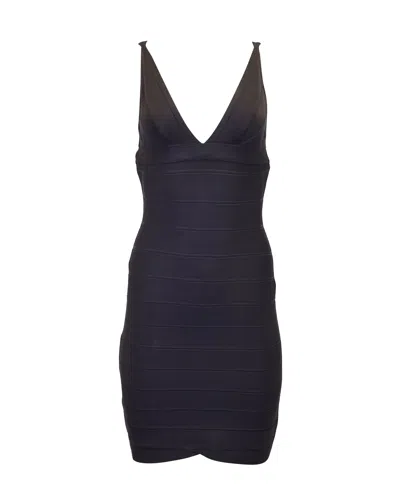 Herve Leger V-neck Sleeveless Bandage Dress In Black Rayon In Blue