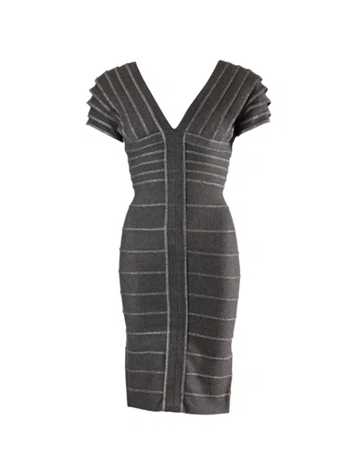 Pre-owned Herve Leger V-neck Threaded Sheath Mini Dress In Gray