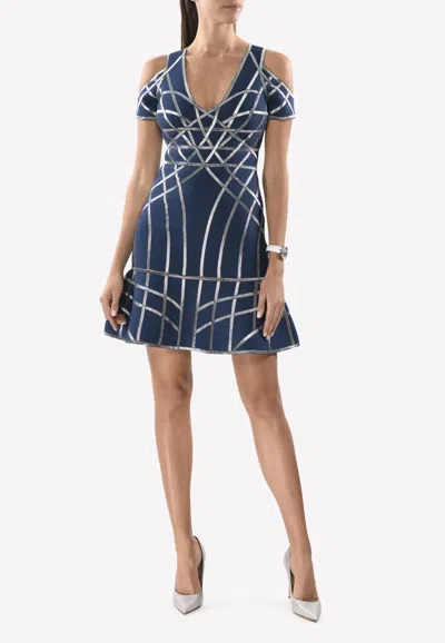 Herve Leger Veronikka Caged Cold-shoulder Flute Dress In Blue