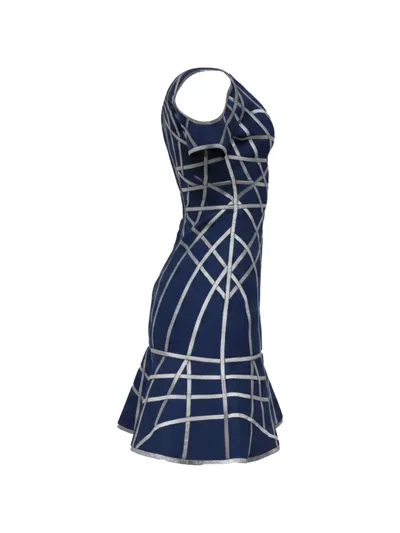 Pre-owned Herve Leger Veronikka Cold-shoulder Flute Dress In Blue