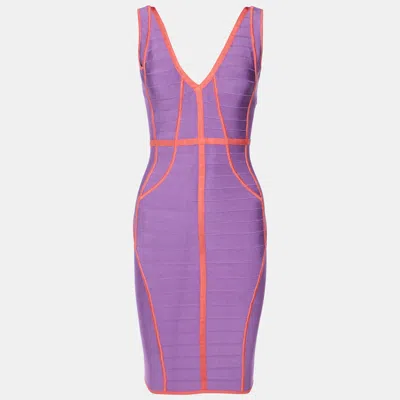 Pre-owned Herve Leger Violet/coral Knit Sleeveless Bandage Dress Xs In Purple