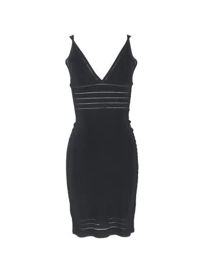 Pre-owned Herve Leger V-neck Bandage Midi Dress In Black