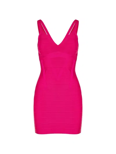 Herve Leger V-neck Bandage Mini Dress In Pink