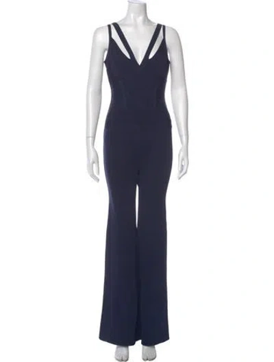 Pre-owned Herve Leger V-neck Jumpsuit In Blue