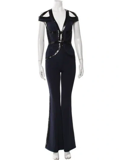 Pre-owned Herve Leger V-neck Jumpsuit In Blue