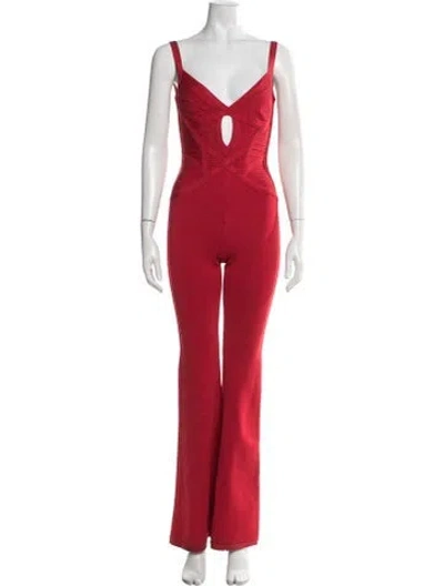 Pre-owned Herve Leger V-neck Jumpsuit In Red
