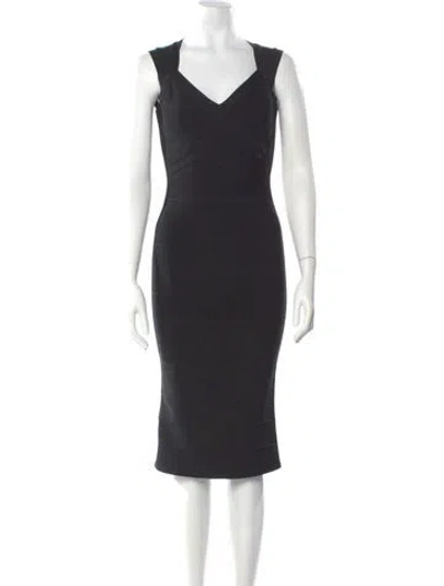 Pre-owned Herve Leger V-neck Knee-length Dress In Black
