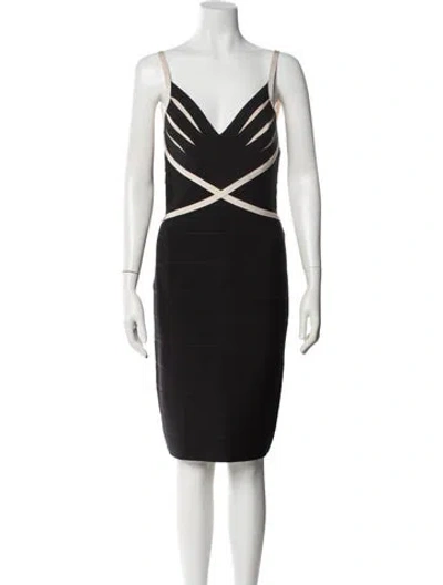 Pre-owned Herve Leger V-neck Knee-length Dress In Black