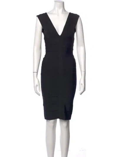 Pre-owned Herve Leger V-neck Knee-length Dress In Black