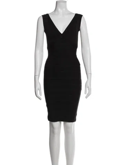 Pre-owned Herve Leger V-neck Knee-length Dress In Black