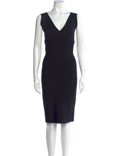 Pre-owned Herve Leger V-neck Knee-length Dress In Black