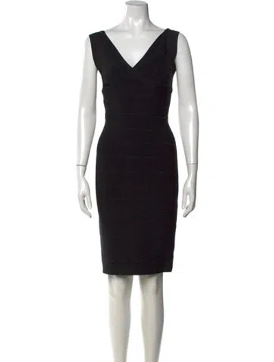 Pre-owned Herve Leger V-neck Knee-length Dress In Black