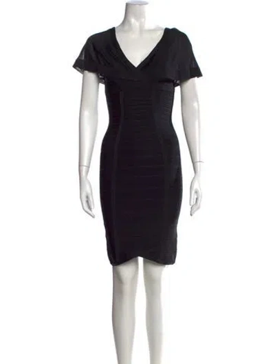Pre-owned Herve Leger V-neck Knee-length Dress In Black