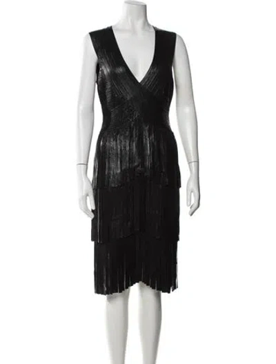 Pre-owned Herve Leger V-neck Knee-length Dress In Black
