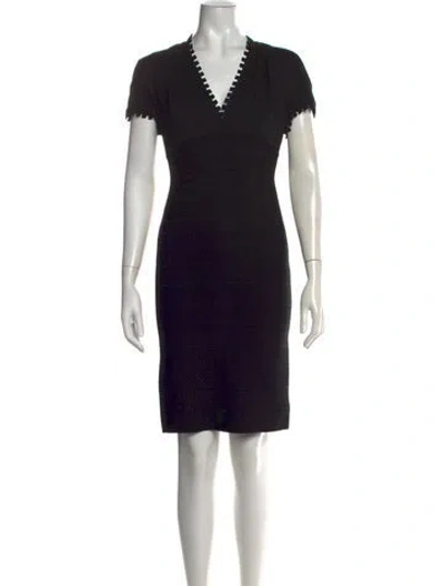 Pre-owned Herve Leger V-neck Knee-length Dress In Black