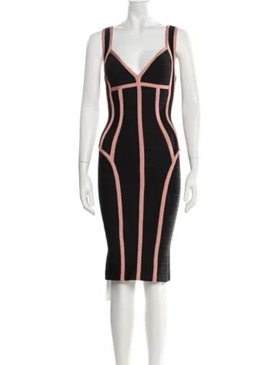 Pre-owned Herve Leger V-neck Knee-length Dress In Black