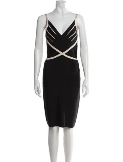 Pre-owned Herve Leger V-neck Knee-length Dress In Black