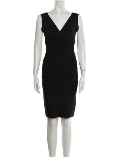 Pre-owned Herve Leger V-neck Knee-length Dress In Black