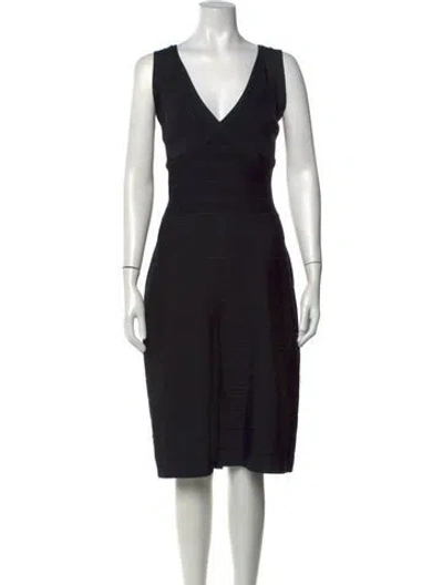 Pre-owned Herve Leger V-neck Knee-length Dress In Black