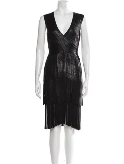 Pre-owned Herve Leger V-neck Knee-length Dress In Black/metallic
