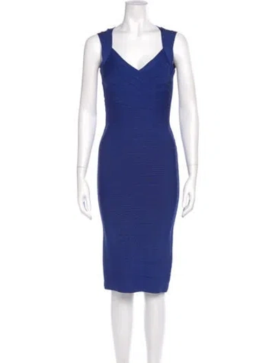 Pre-owned Herve Leger V-neck Knee-length Dress In Blue