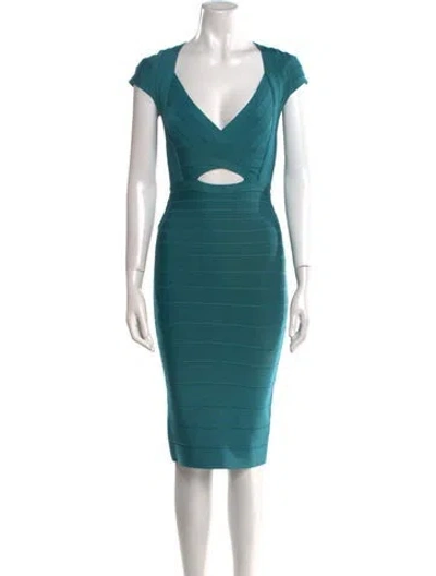 Pre-owned Herve Leger V-neck Knee-length Dress In Blue