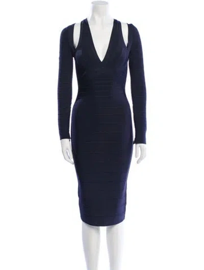 Pre-owned Herve Leger V-neck Knee-length Dress In Blue