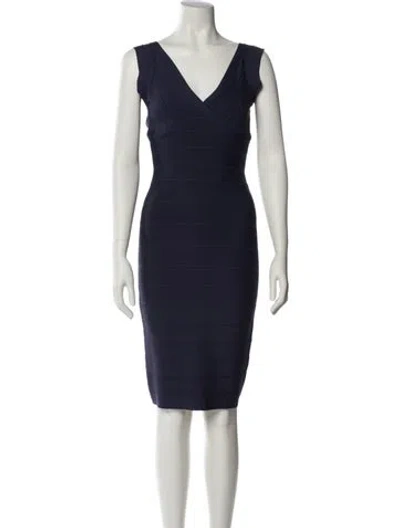 Pre-owned Herve Leger V-neck Knee-length Dress In Blue