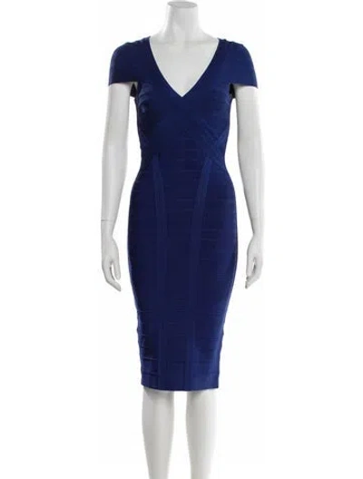 Pre-owned Herve Leger V-neck Knee-length Dress In Blue