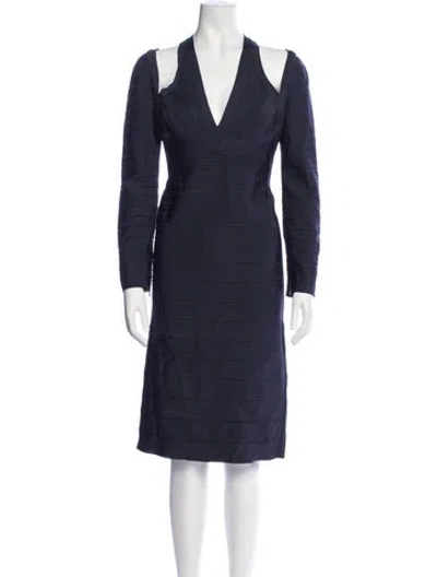 Pre-owned Herve Leger V-neck Knee-length Dress In Blue