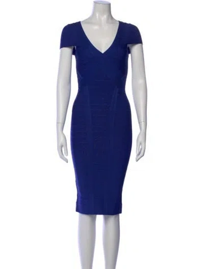 Pre-owned Herve Leger V-neck Knee-length Dress In Blue