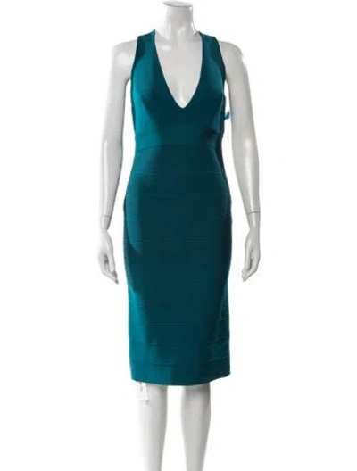 Pre-owned Herve Leger V-neck Knee-length Dress In Blue
