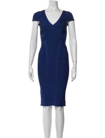 Pre-owned Herve Leger V-neck Knee-length Dress In Blue