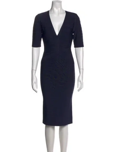 Pre-owned Herve Leger V-neck Knee-length Dress In Blue