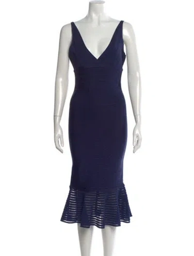 Pre-owned Herve Leger V-neck Knee-length Dress In Blue