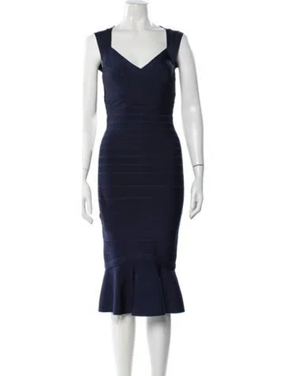 Pre-owned Herve Leger V-neck Knee-length Dress In Blue